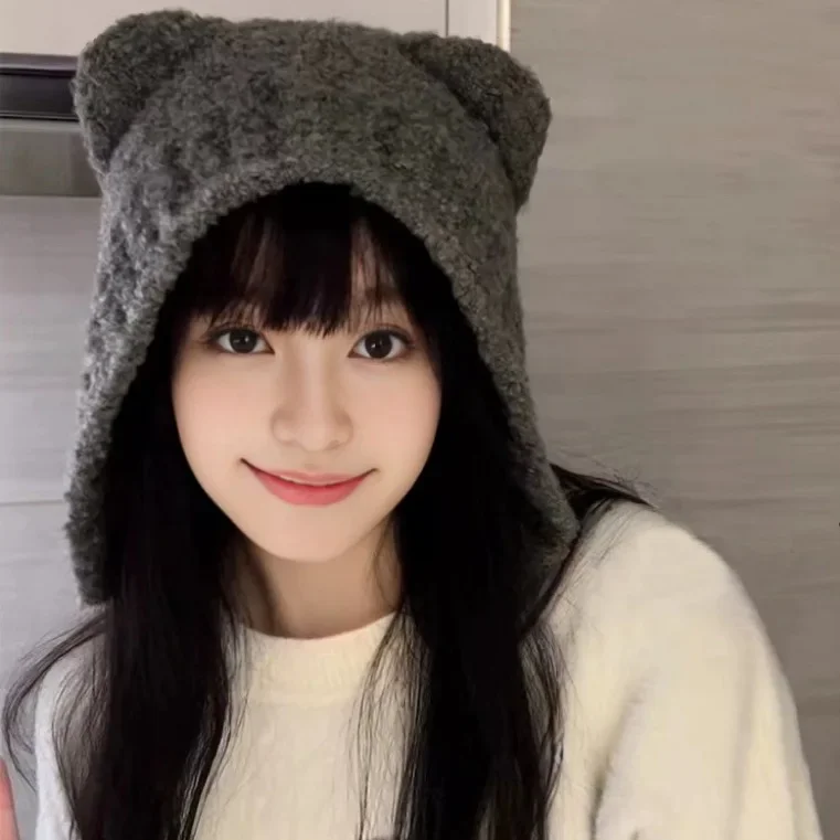 Korean Style Winter Cute Bear Ears Knit Hat Warm Fleece Lined Earflap Beanie Women Fashionable Cozy Crochet Set