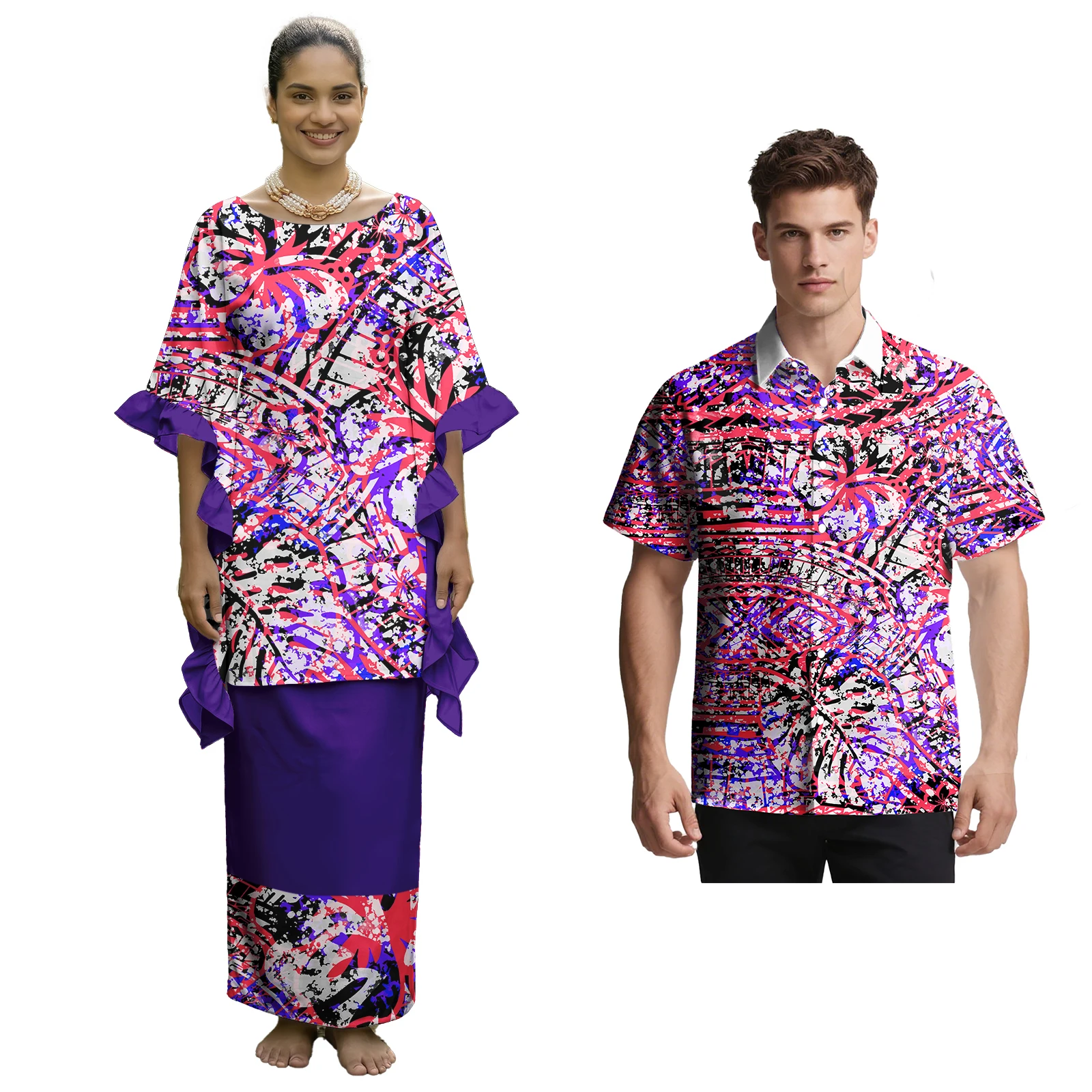 Couple of Set Aloha Fashion Men's Shirts Women Elegant Samoan Puletasi Polynesian Tribal Design Sweet Clothes Custom for Couple