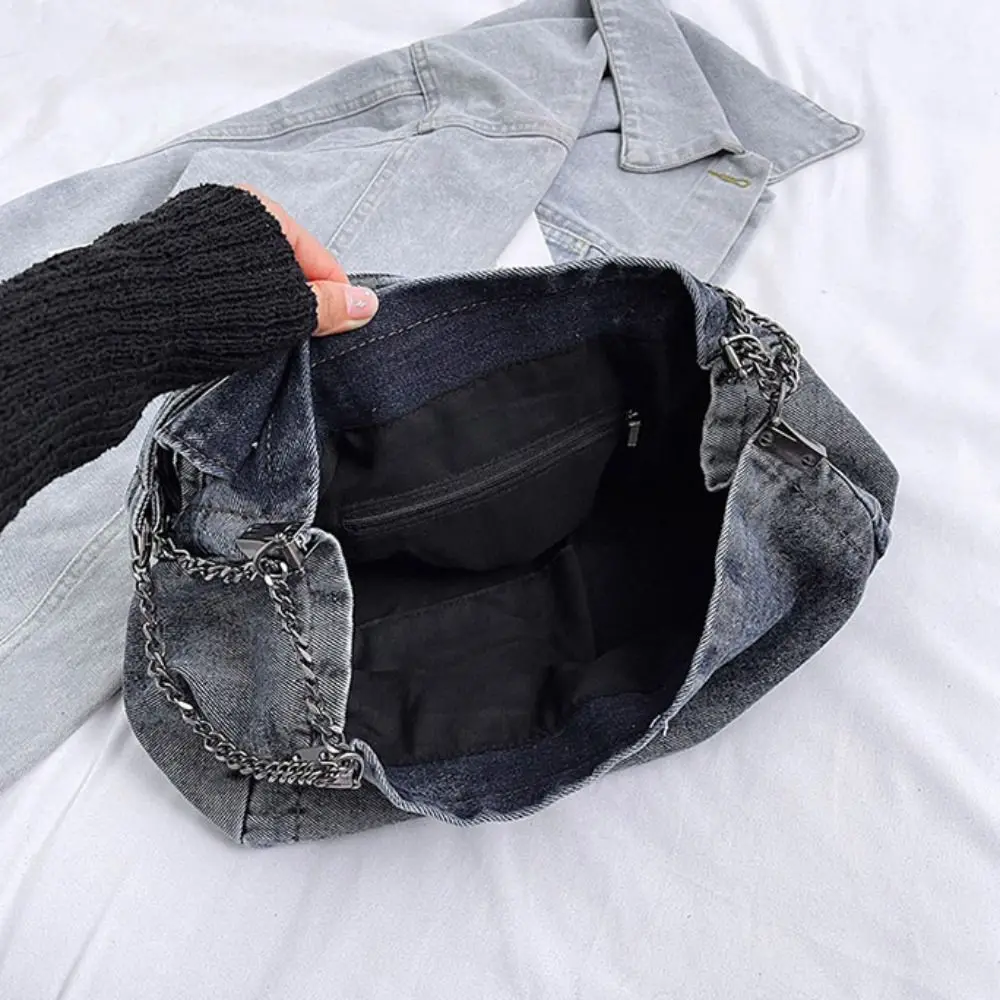

Shoulder Bag Denim Canvas Bag Metal Chain Large Capacity Vintage Handbag Street Style Shopping Bag Solid Crossbody Bag Outdoor