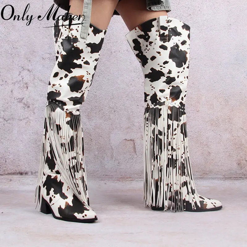 

Onlymaker Women Black Fringe Over The Knee Boots Chunky Heel Winter Pointed Toe Female Wstern Boots