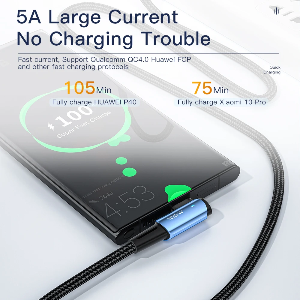 Essager 100W USB Type C To USB C Cable 90 Degree Angle For iPad MacBook Pro Xiaomi Samsung Huawei Fast Charging Type-C Date Wire