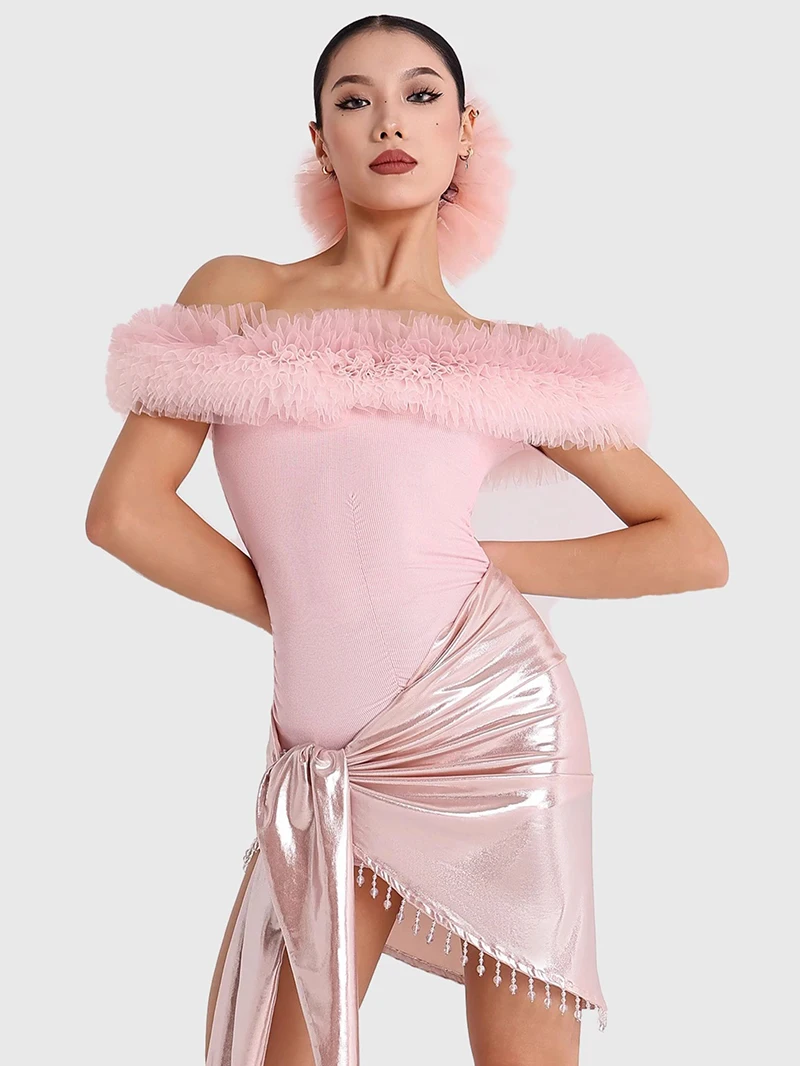 Ladies Latin Dance Tutu Mesh Bodysuit and Bright Armband Skirt Adult Practice Rumba Cha Cha Women Ballroom Competition Dancewear