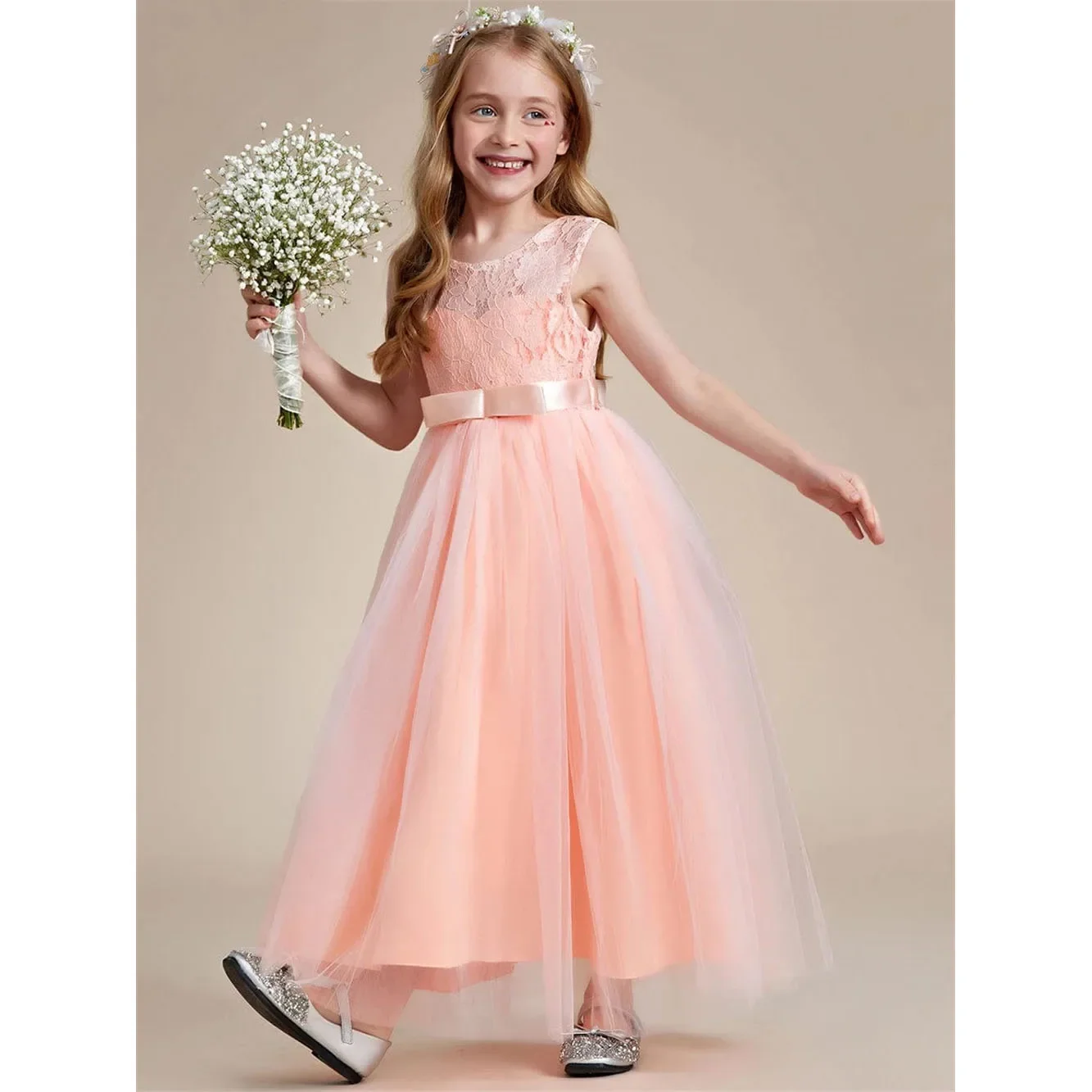 Abito da ragazza di fiore in tulle di pizzo principessa senza maniche con fiocco Abito da ballo formale per prima comunione per festa di compleanno per bambini personalizzato