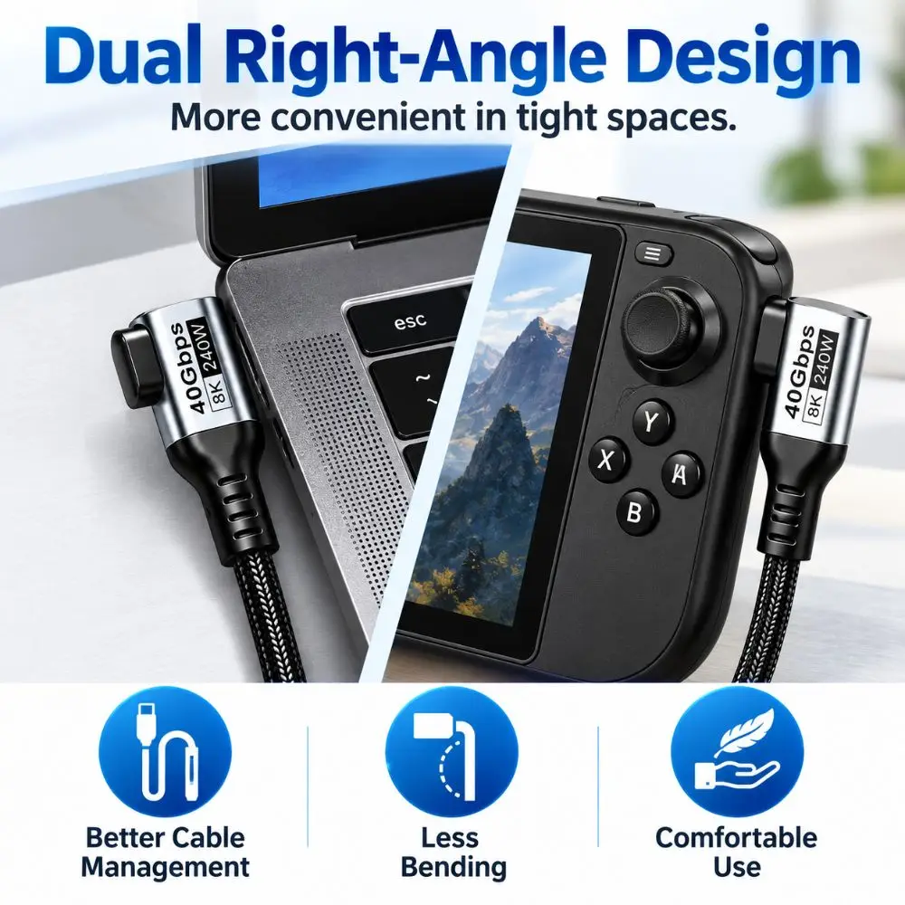 40Gbps USB4 Cable 240W PD3.1 Dual 90 Degree USB-C Data Cord Nylon Braided E-Marker Chip Type-C Charging Cable File Transfer
