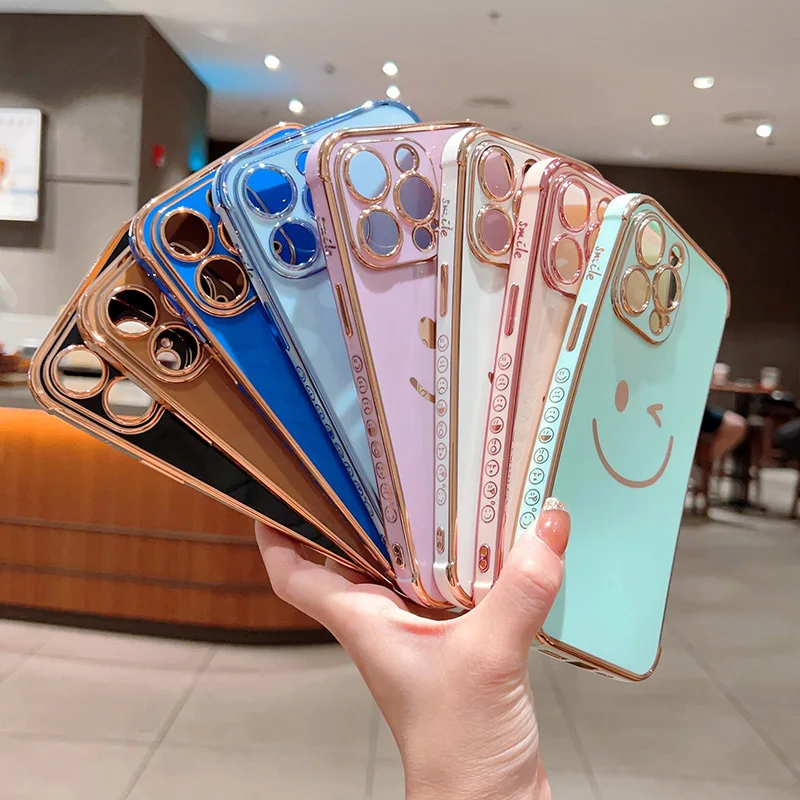 Fashion Smiling Face Soft Phone Cases For IPhone 11 12 13 14 15 X XS XR 7 8 Pro Max PLus Luxury Electroplating Cover