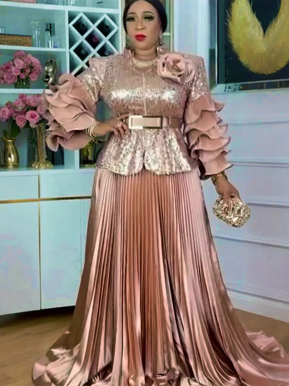 

Элегантная африканская женская одежда Дашики, комплект из 2 предметов, топы и юбки с блестками, костюмы больших размеров, турецкие свадебные вечерние платья