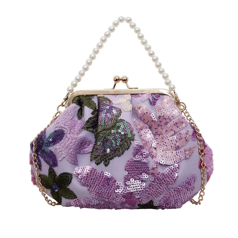 Flower Sequins Embroidered Pearl Portable Dinner Bag Light Luxury Celebrity Style Clip Bag Chain Crossbody Women's Bag