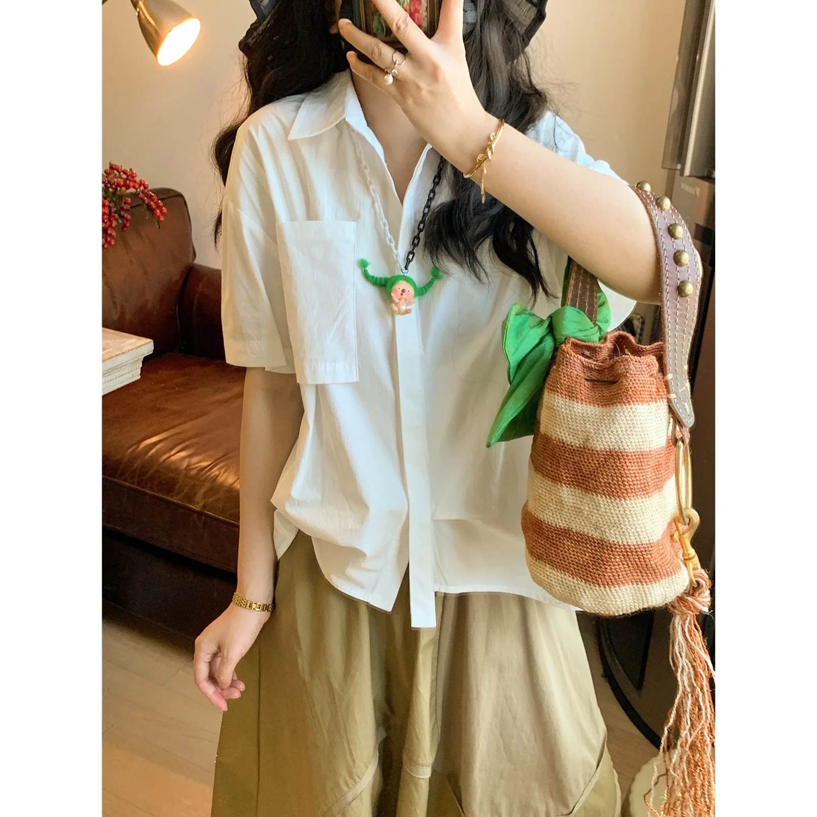 

Japanese Sle Loose ort Sve White irt Women's Summer Top Irregular Design Pleated Splice Breathable Cotton Collar