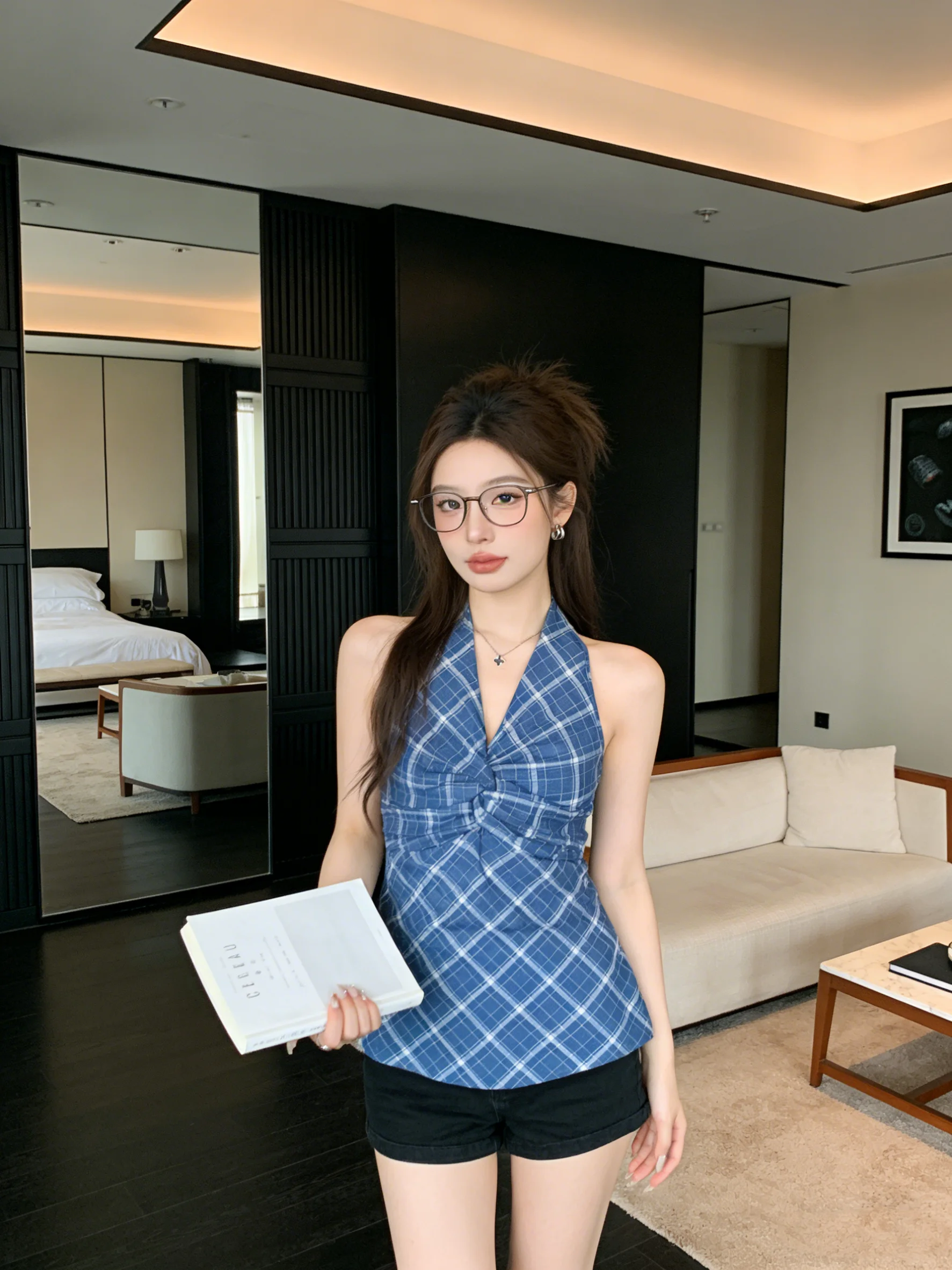 

Blue Plaid Neck Hanging Sleeveless Vest Korean Style Slimming Summer Top Skin Friendly Breathable Short Length Shirt for Women