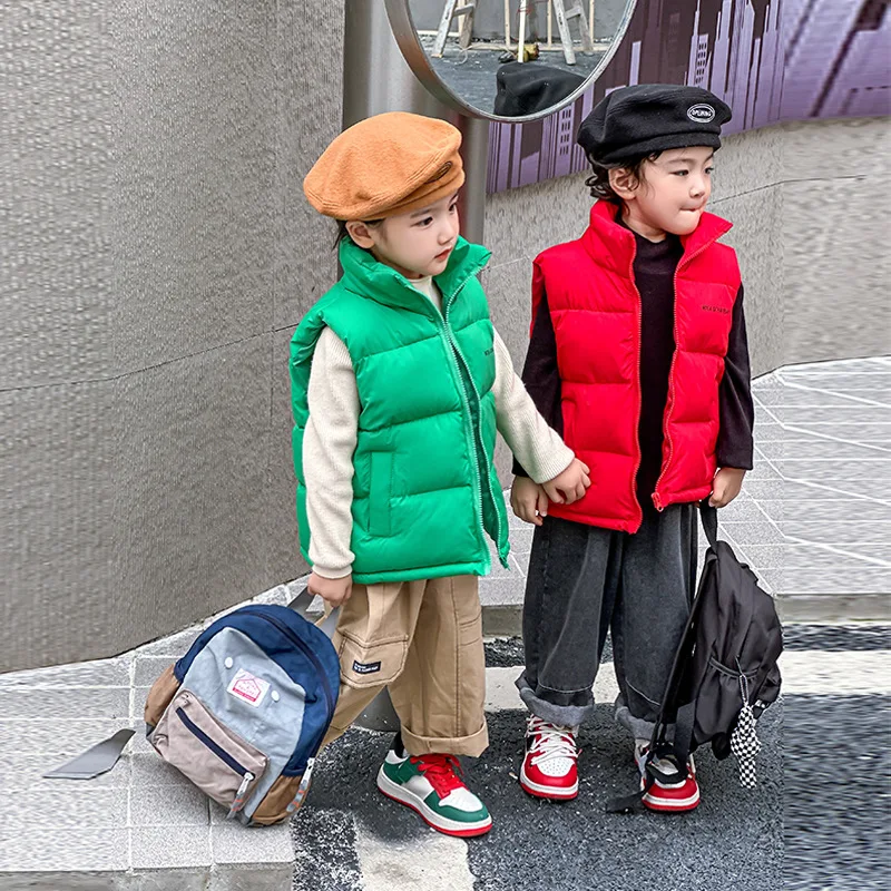 

2024 new children's down cotton vest boys and girls baby stand collar thickened warm vest for children