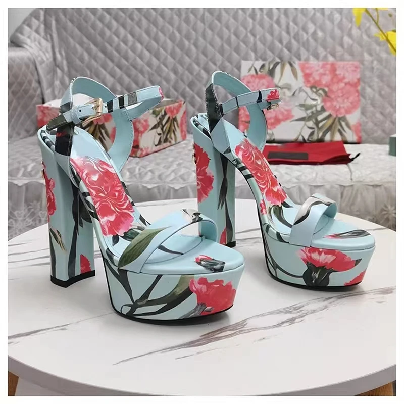 2024 14CM Heels Fashion Summer Shoes Women Sandals New Peep Toe High Heels Platform Flower Print Party Shoes Female Large Size