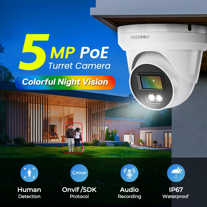 2026 24/7 Color Night Vision PoE Video Surveillance Turret Camera Smart  P2p Remote Access H.265 5mp Poe Security Cctv Camer