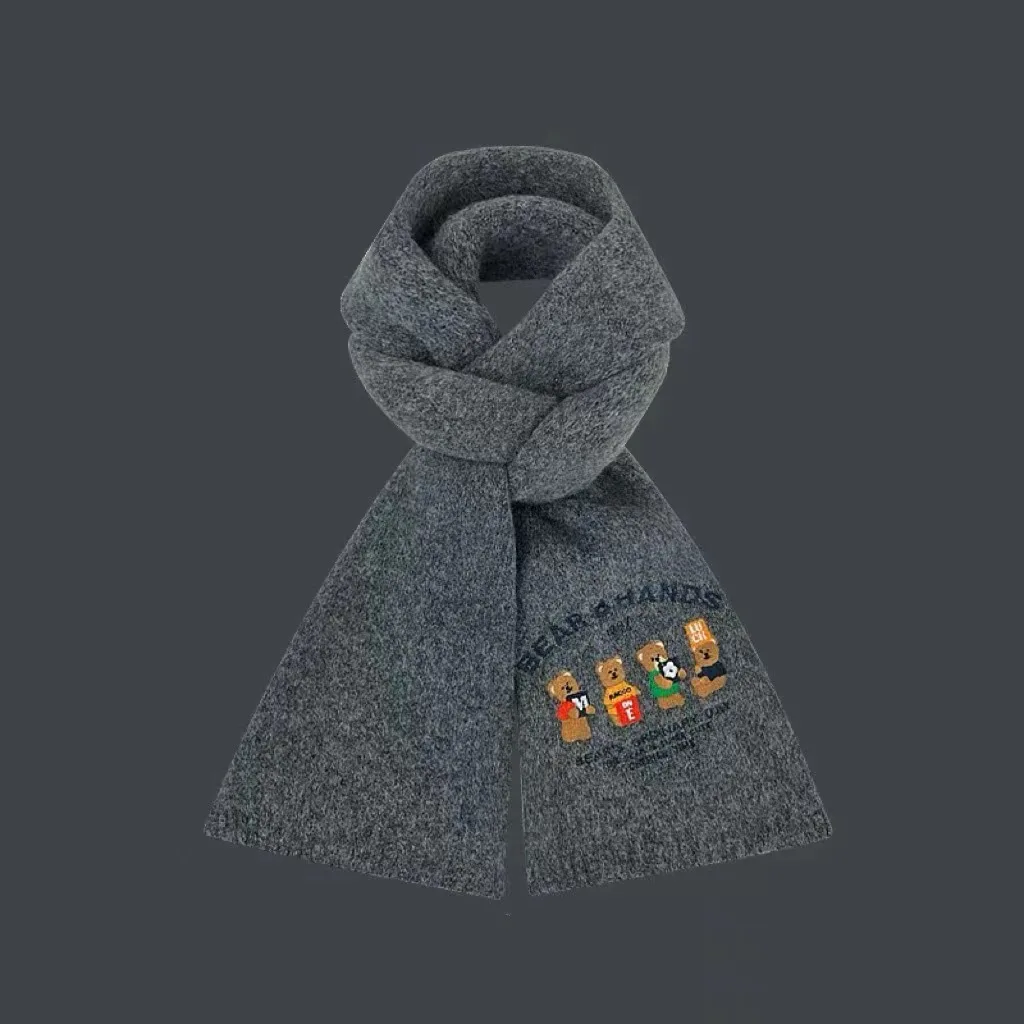Women\'s Cozy Containing Wool Bear Embroidery Wool Scarf New Women\'s Winter Premium Feeling Warm Knitted College Style Scarf Lady