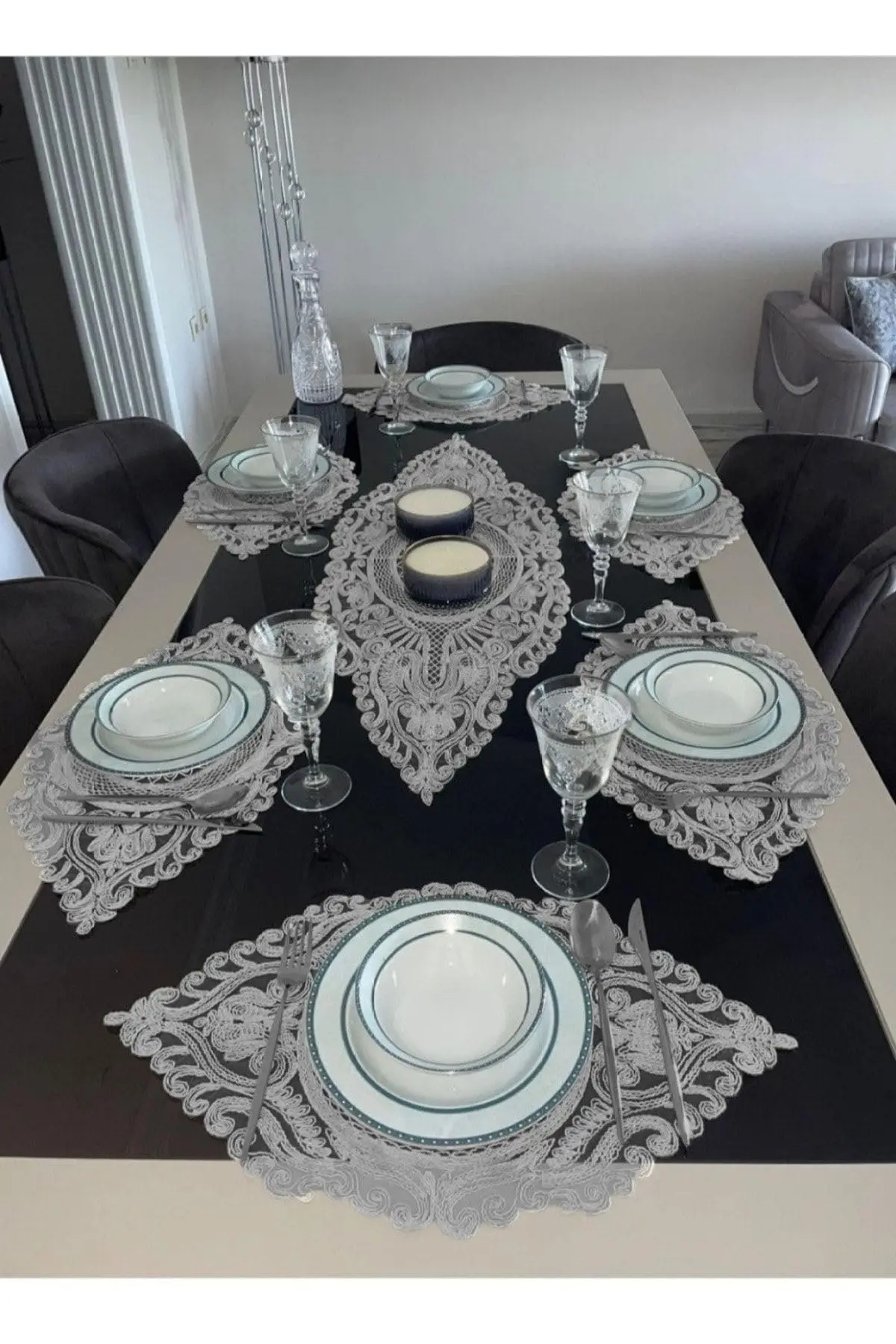 Table Runner Set 7 Pieces Rectangular Placemats 15.7 x 37.4 in and 1 Runner 15.7 x 37.4 in for Dining Table Modern Gray