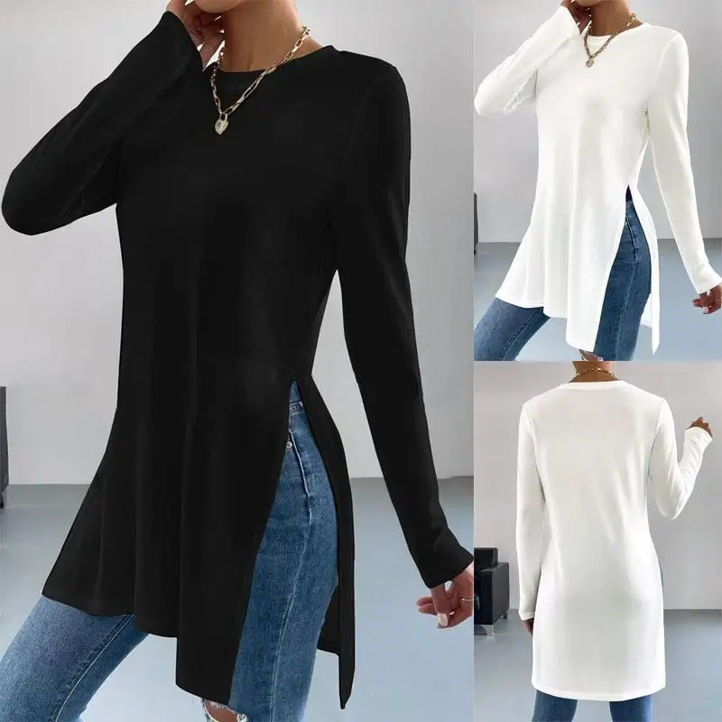 

Autumn Winter Casual Long Sve round Ne T-irt Base Layer Pure Color Side Split Bot Hem Comfortable Breathable Men's Tee