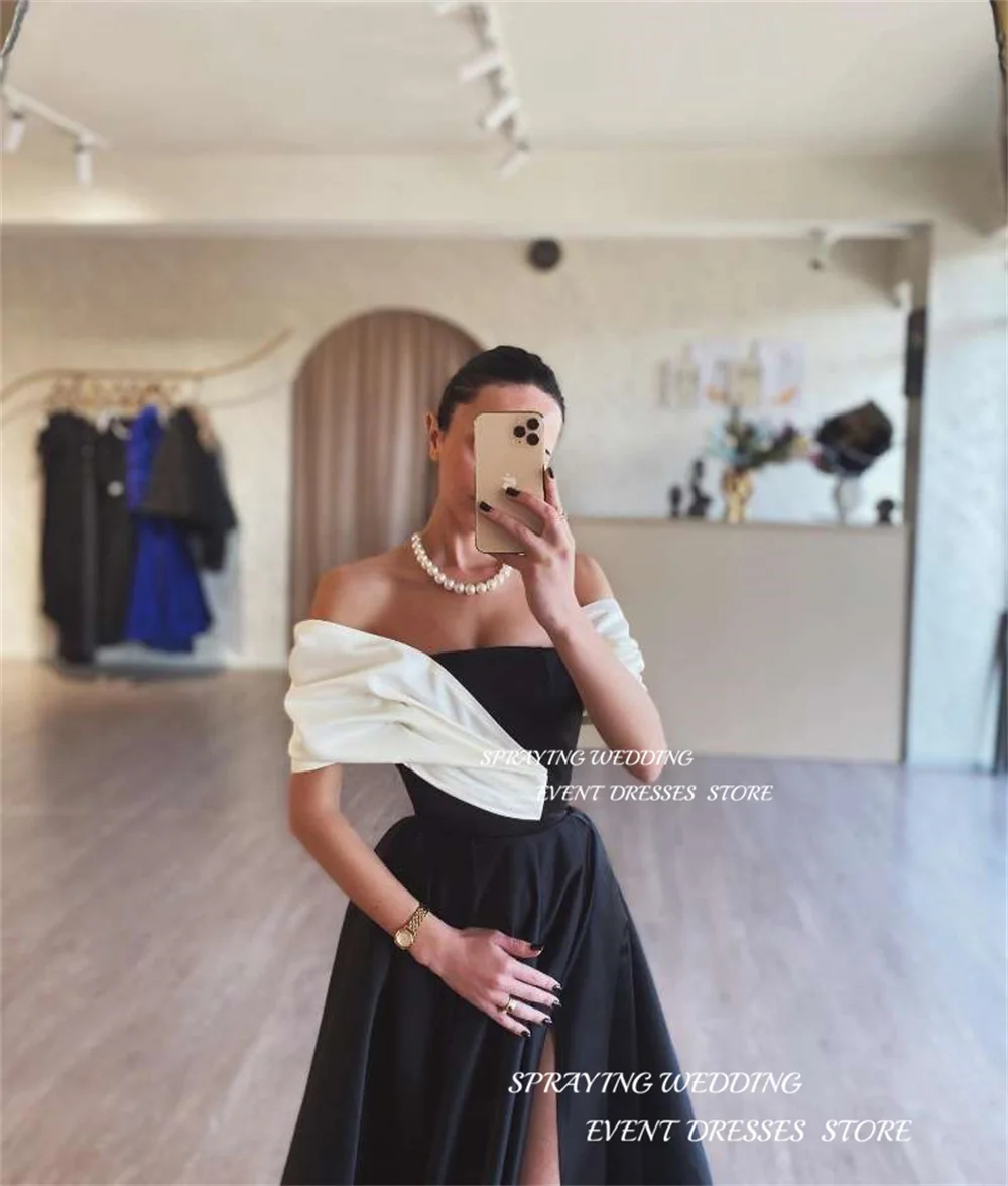 Giyu Black White Long Evening Dresses Side Slit Floor Length Prom Dresses Formal Occasion A-Line Prom Gowns For Women Customized