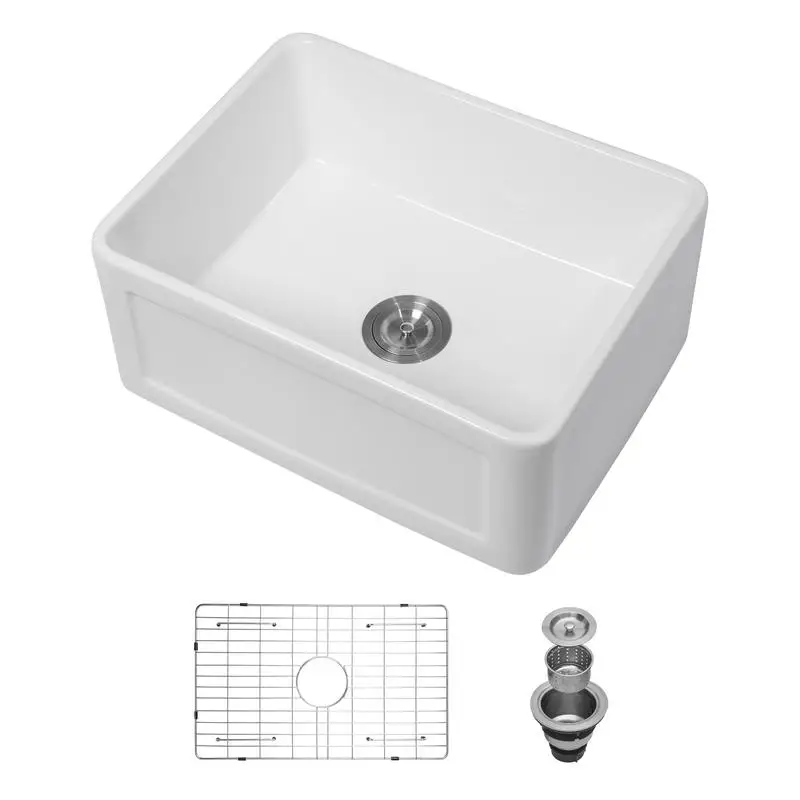 

24" Ceramic White Farmhouse Single Bowl Rectangular Kitchen Sink - Modern Design for Home Cooking