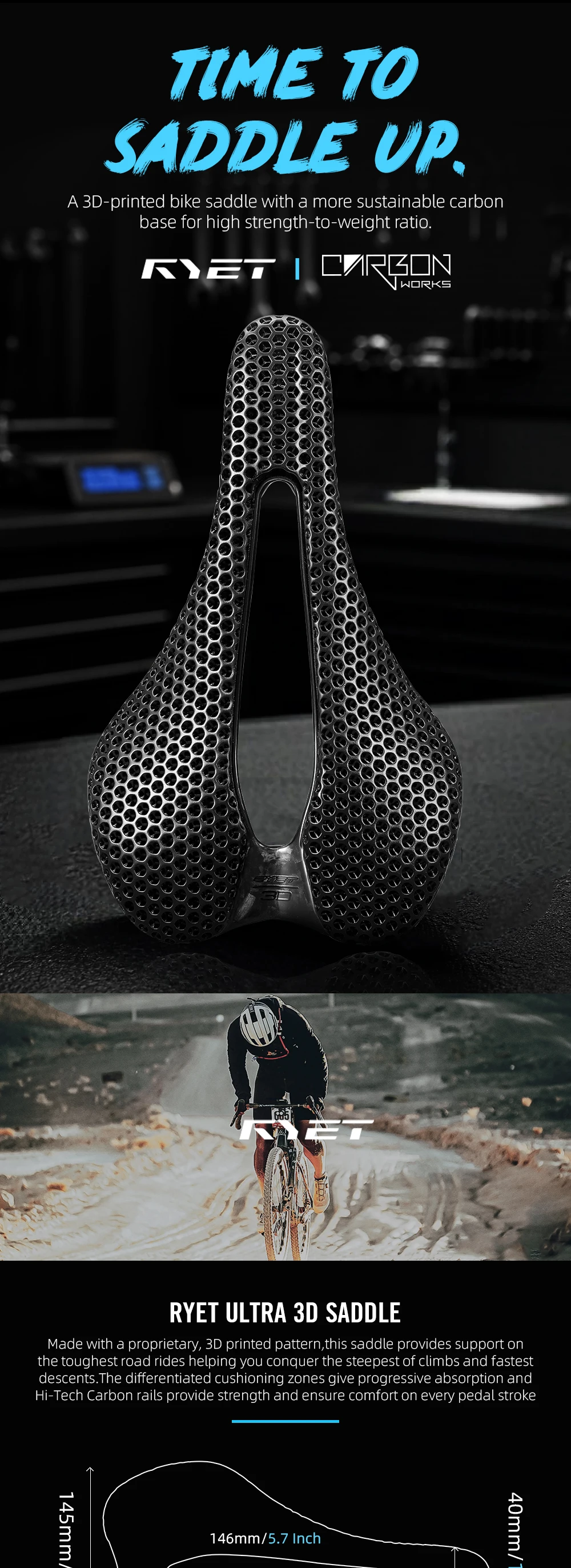 2026 RYET Carbon 3D-Gedruckter Fahrradsattel, 145mm Leichter Rennrad MTB Mountainbike Sitzkissen Fahrrad-Sitzzubehör – Detail 1
