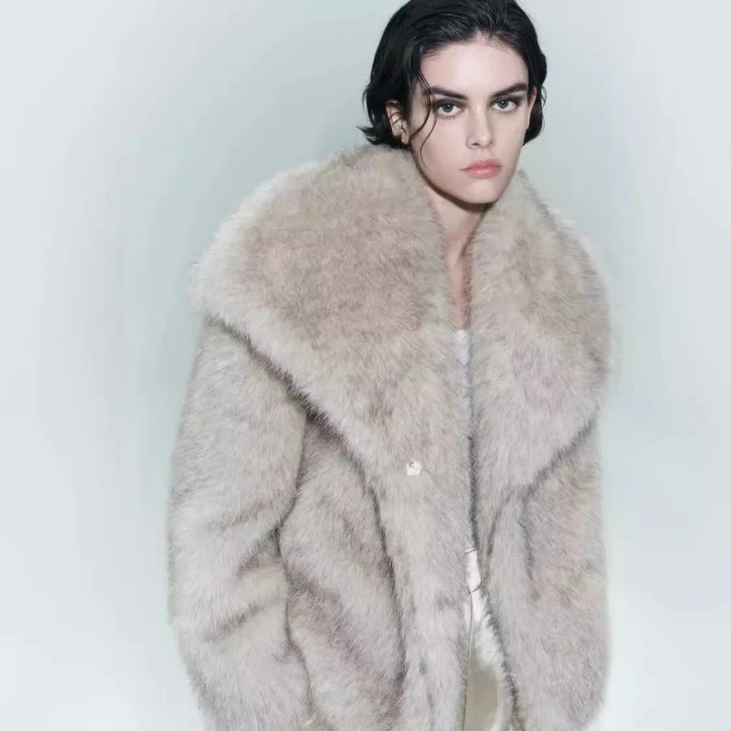 

Короткая куртка из искусственного меха с лацканами цвета хаки, повседневные куртки из искусственного кролика, пушистые роскошные женские плюшевые пальто, толстая теплая свободная верхняя одежда