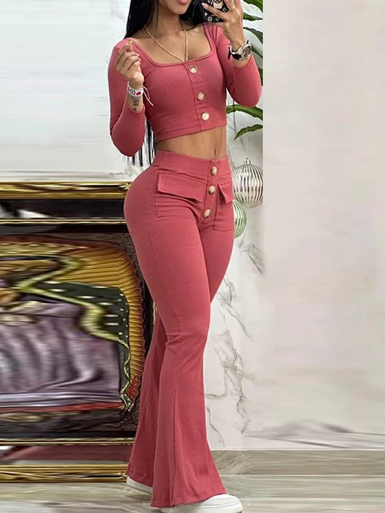 Elegant Suits for Women 2 Pieces Set Spring Autumn Fashion Square Neck Buttoned Top & Pocket Design Flared Pants Set Tracksuits