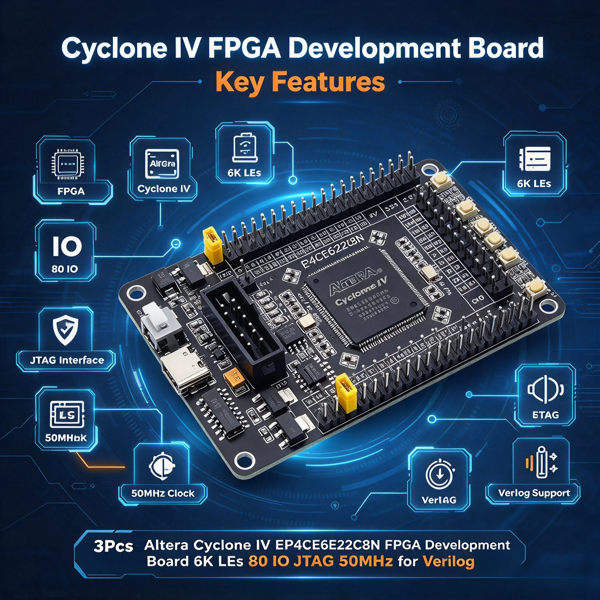 3Pcs Altera Cyclone IV EP4CE6E22C8N FPGA Development Board 6K LEs 80 IO JTAG 50MHz for Verilog