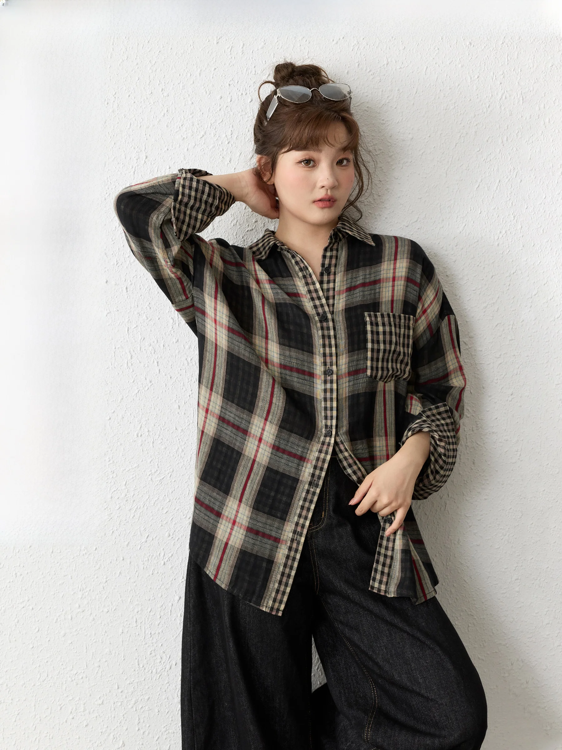 

JULULOOK Retro Sle Loose Fit Plaid irt Color Blo Large Size Women's Top Micro plus Size Casual Comfortable Cotton irt