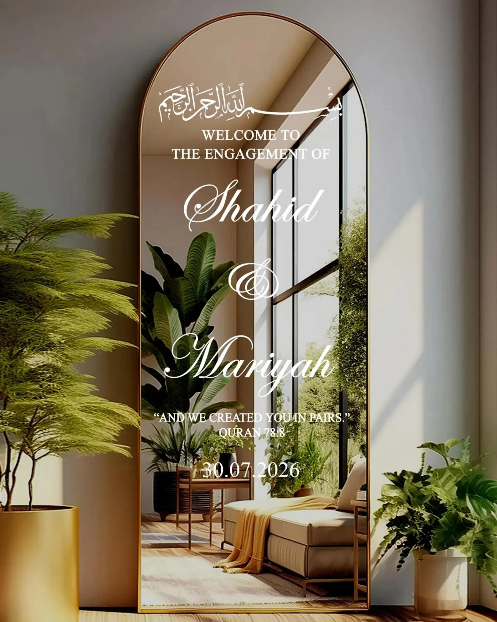 Custom Islamic Engagement Mirror Sticker Personalized Muslim Wedding Acrylic Welcome Sign Decal  4D69 view 2