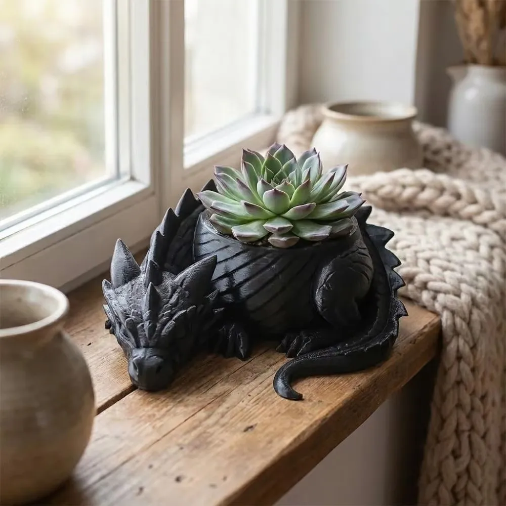 3D Printed Sleeping Dragon Planter Resin Mini Succulent Flower Pot Handcrafted Texture Office Desk Decor Dragon Ornament Planter