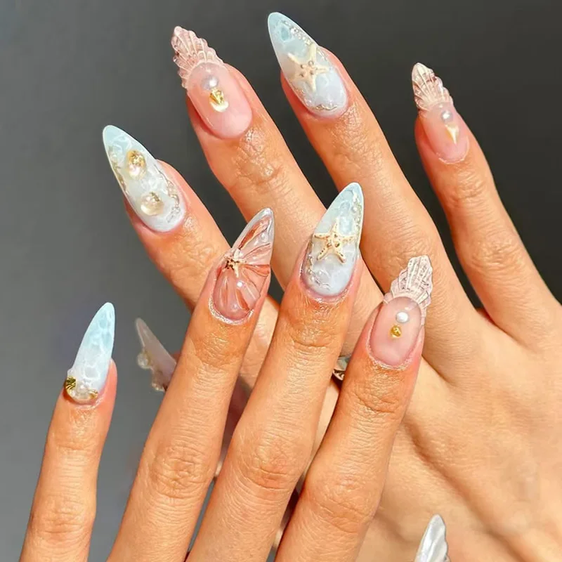 

24 Pcs Mid-length Fake Nails with Design 3d Blue Ocean French False Nails Manicure Summer Ready-made Artificial Press on Nails