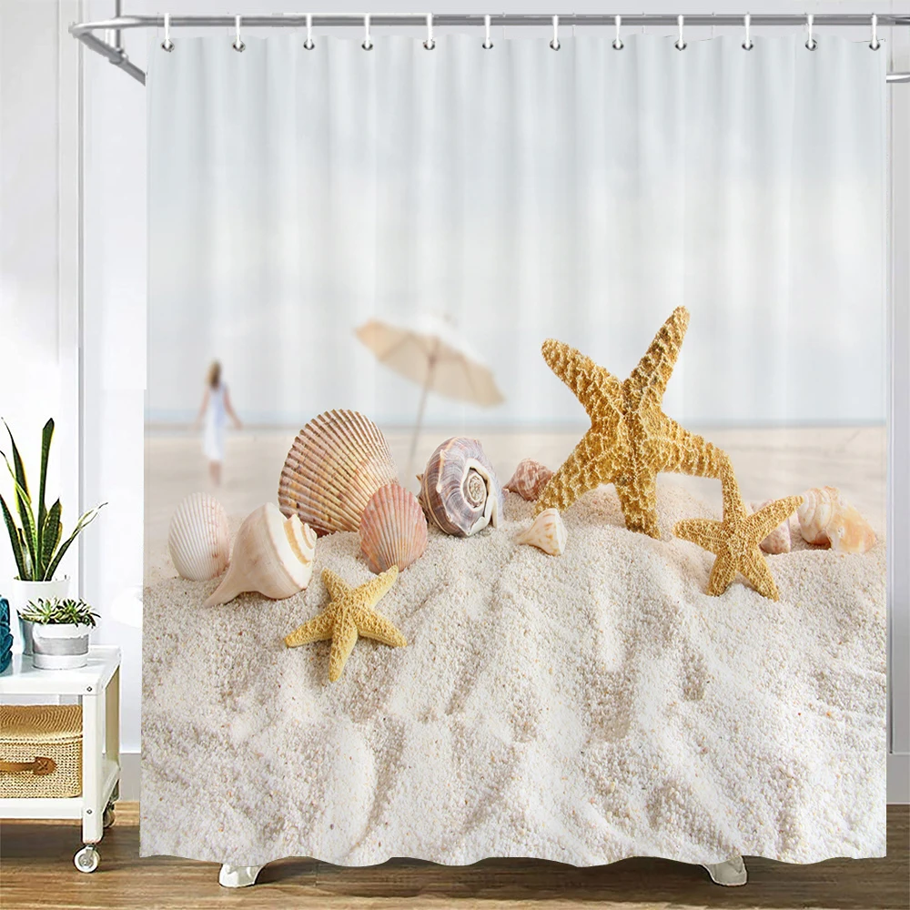 Bath Curtain Sea Beach Shell Starfish Shower Curtains 180*180cm Waterproof Bathroom Home Washable Fabric Bath Screen 12 Hooks