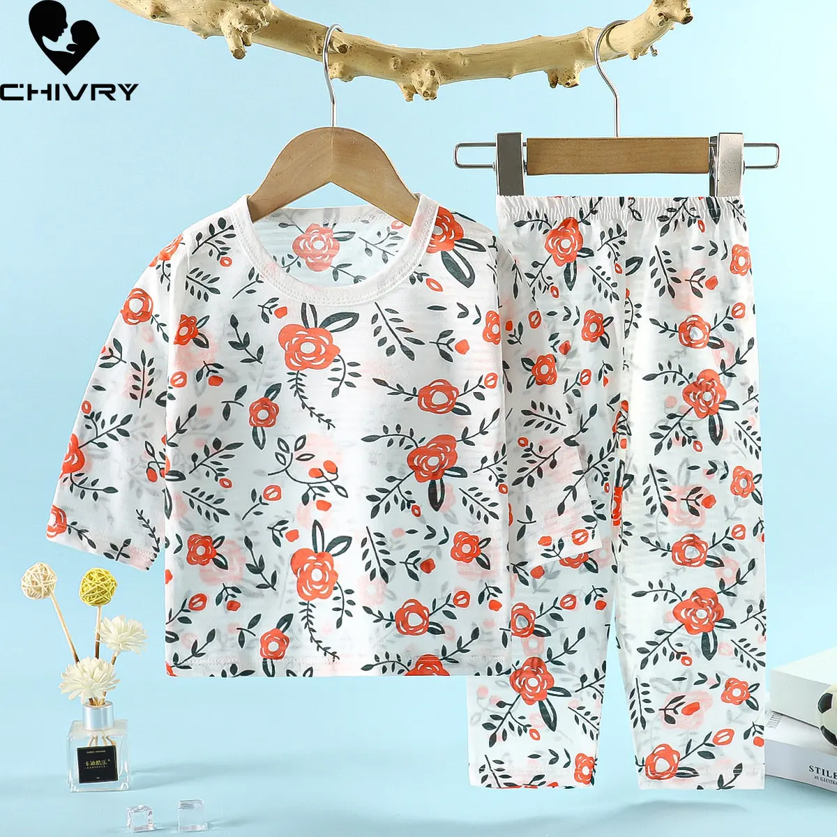 Pijamas finos de manga tres cuartos para niños y niñas, conjunto de ropa de dormir para bebé, bonito dinosaurio de dibujos animados, Verano