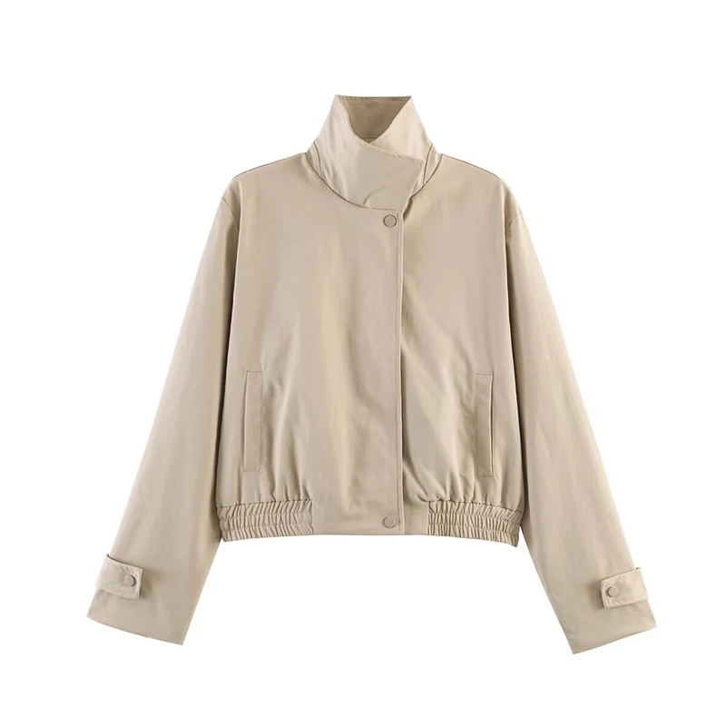 YENKYE Women's Stand Collar Cropped Bomber Jacket Elastic Hem Zip Up Short Outerwear Loose Fit Daily Casual Coat