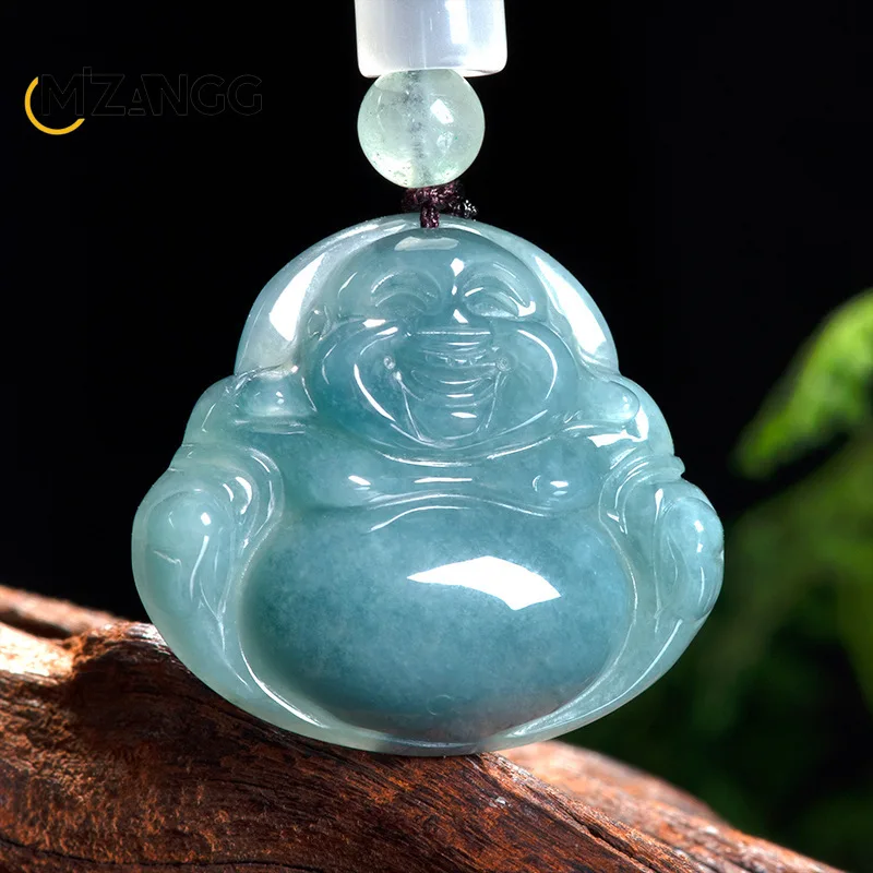 

Natural Jadeite Blue Water Pot Belly Buddha Pendant Hand-carved Exquisite Luxury Ice Jade Necklace Men and Women Holiday Gift