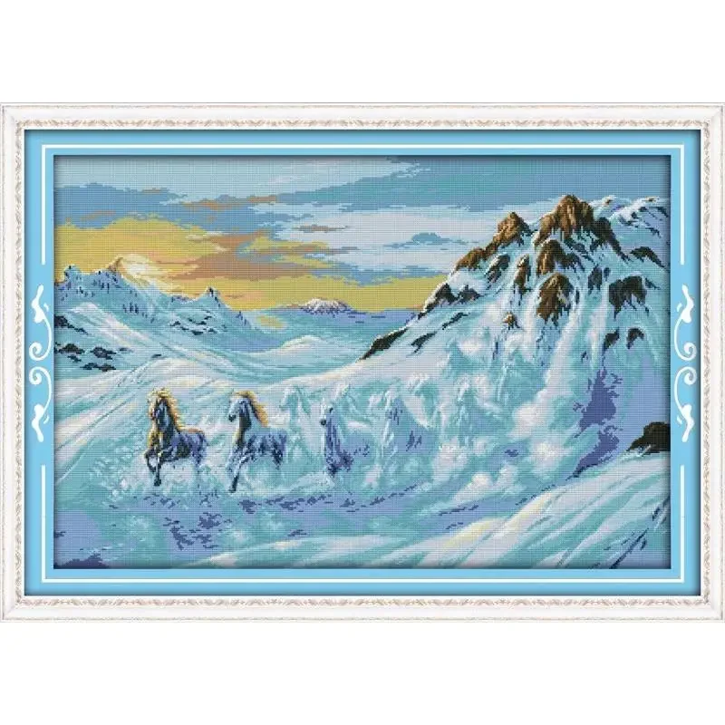 

Joy Sunday Pre-printed Cross Stitch Kit Easy Pattern Aida Stamped Fabric Embroidery Set-Horses Running In The Snow Mountain