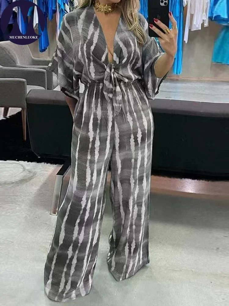 여성용 루즈한 하이 웨이스트 레이스 업 점프수트, 프린트 쿼터 슬리브, V 넥 점프수트, 캐주얼, 여름, 신상품, 패셔너블