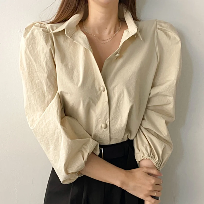 

Chic Spring Basic Sle Loose Bubble Sve irt Women's Collar Single Button Nine Points Casual Faion Top