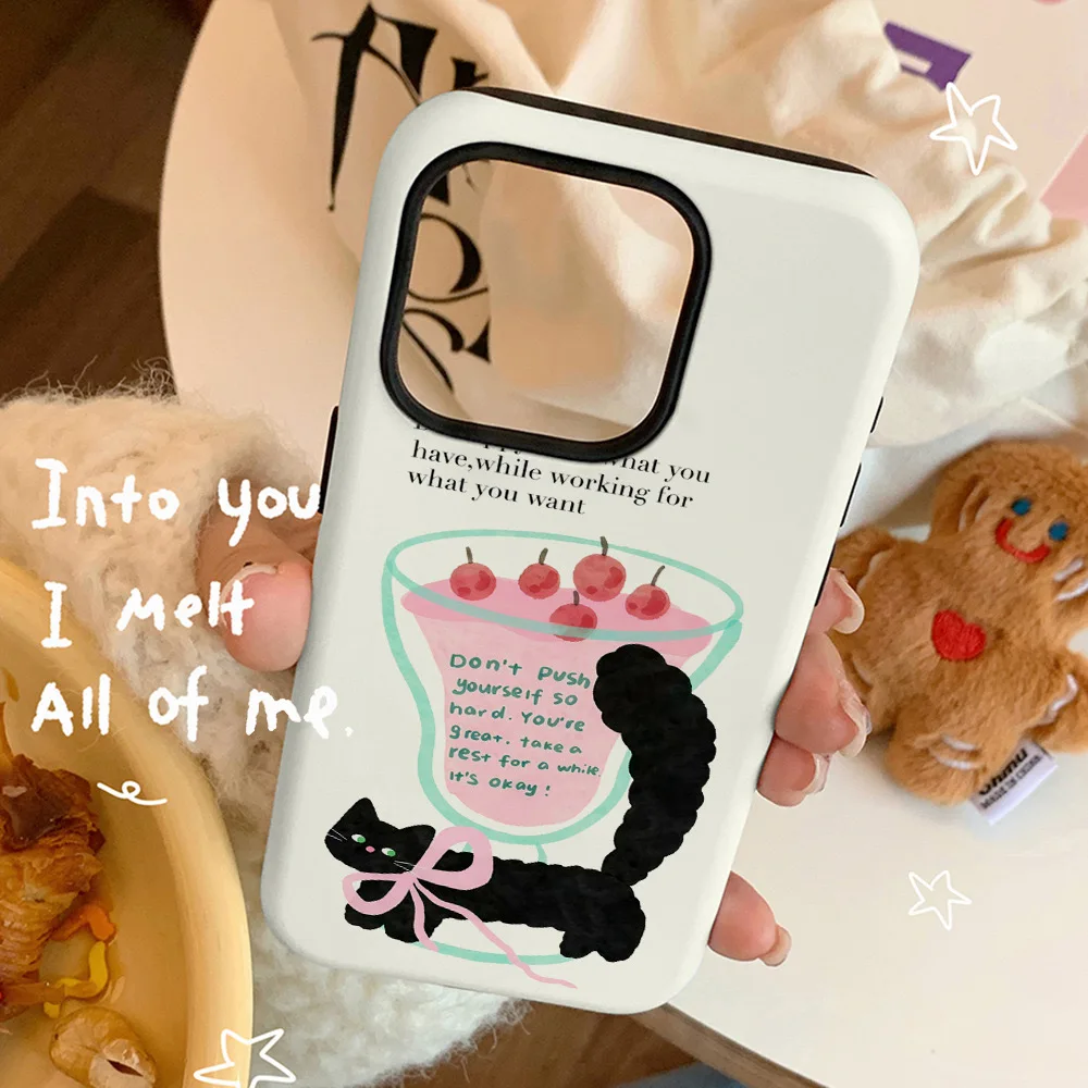 Yellow Dessert Bow Cat Phone Case for IPHONE 16 ProMax 15 14 PLUS 13 12 11 PRO Plus Acrylic TPU Two in One Mobile Phone Cases
