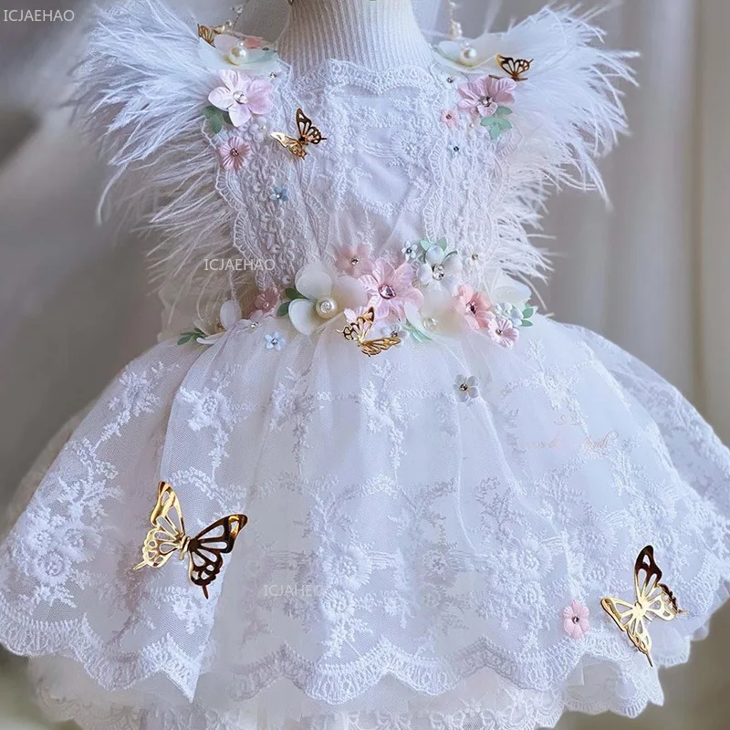 Girls First Birthday Dress Costume White Bow Princess Party Pageant Children Lace Flower Dresses Gown for Formal Celebration