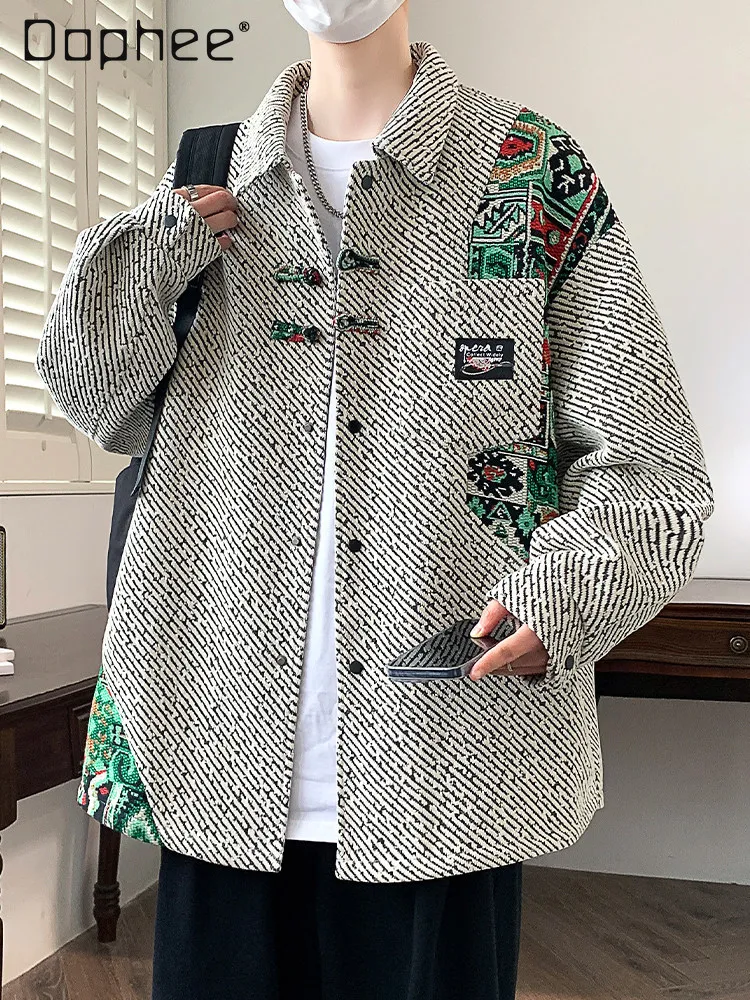 Spring and Autumn New Chinese Style Men's Striped Pattern Embroidered Loose Casual Beige Black Gray Long Sleeve Jacket