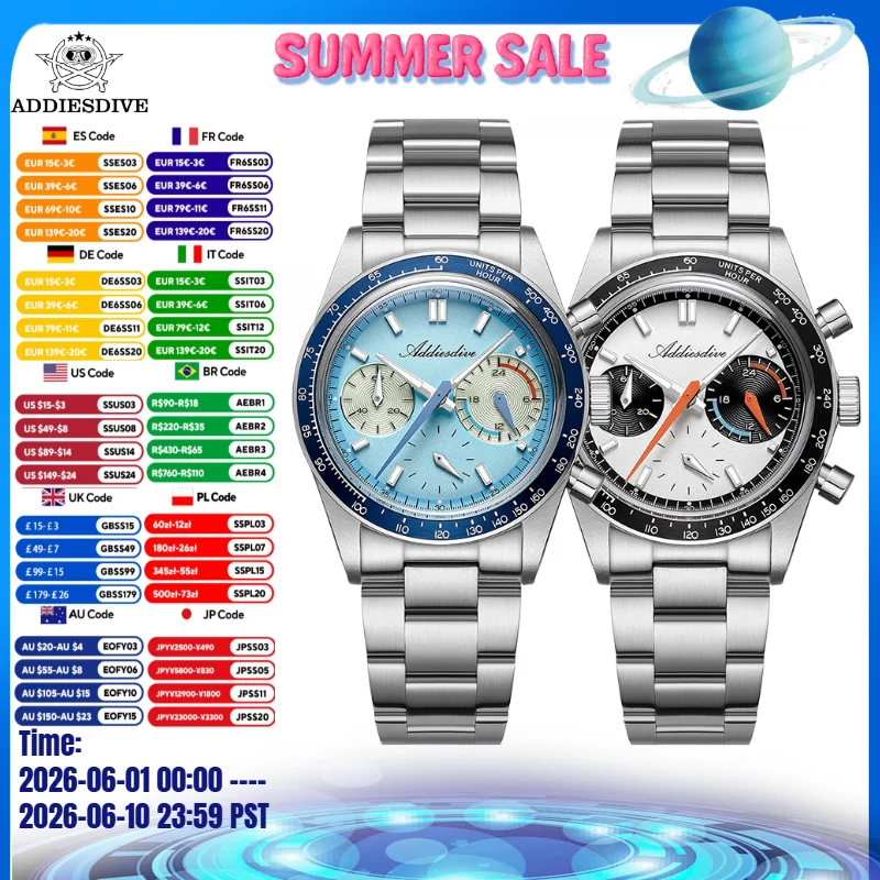 

ADDIESDIVE Men's Watch 10Bar Waterproof AD2539 BGW9 Super Luminous Aluminum Ring Chronograph Watch VK63 Quartz Watches 37mm