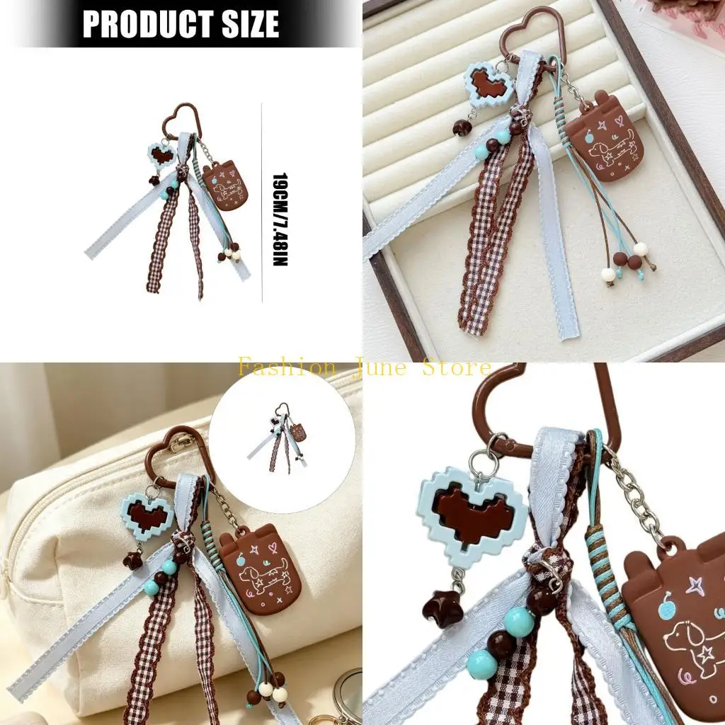 N5KA Cartoon Dachshund Bag Charm Keychain with Heart Clasp Hardware, Ribbon and Bead Clip On Accessory for Keys and Small Bags