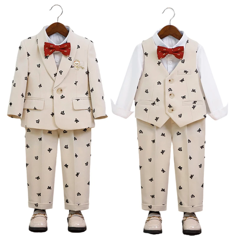 

Child 5pcs Beige Embroidered Suit Boy Host Birthday Piano Photography Costume Kids Blazer Vest Pants Bowtie Brooch Outfit