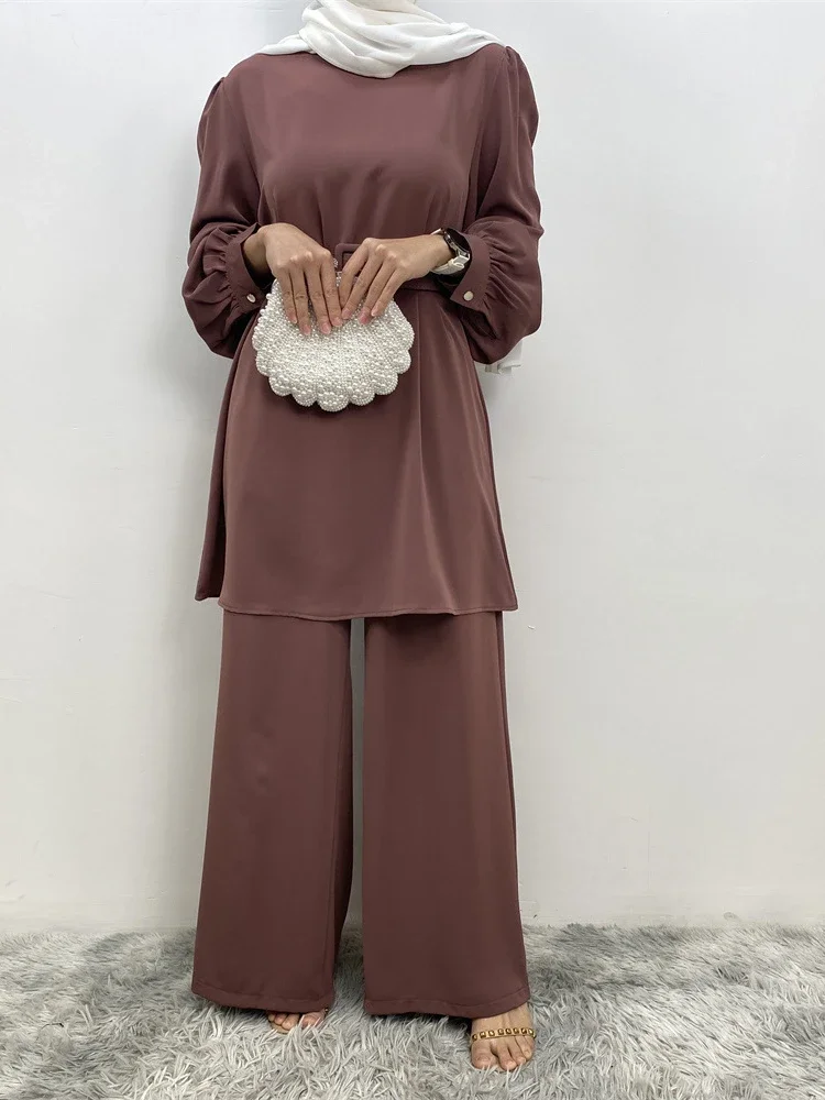 Eid Ramadan Women Muslim Suit Two Piece Sets Tracksuit Belt Islamic Musulman Ensemble Long Sleeve Blouse Wide Leg Pant Suits