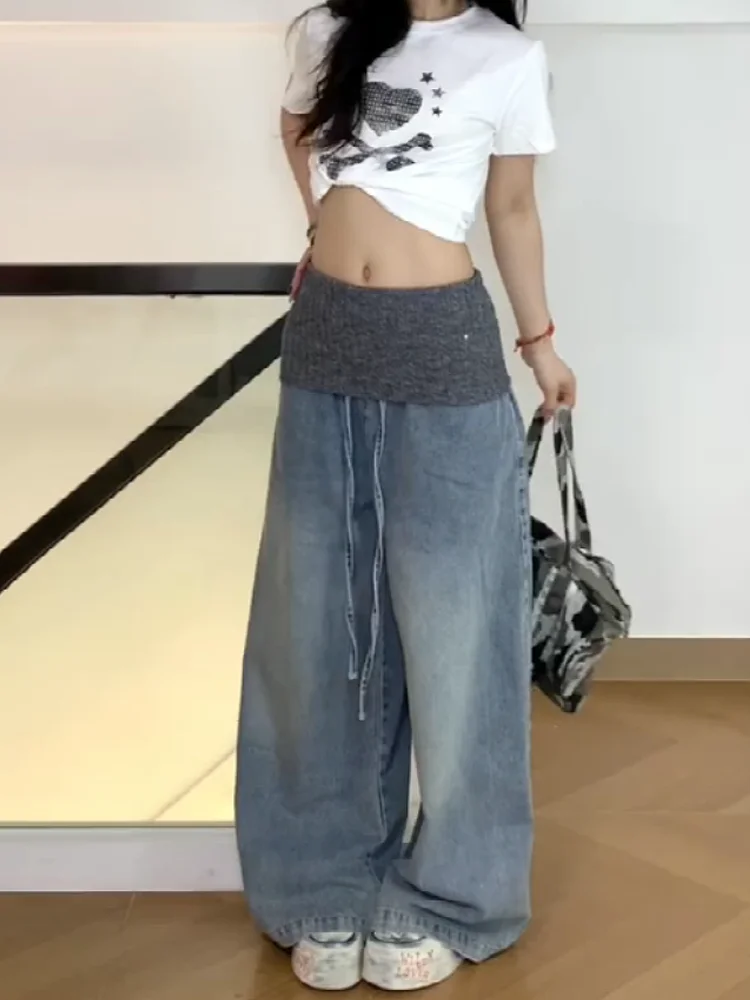 American Retro Knitted Patchwork Waistband Jeans Women Summer New Design Loose Slim Wide Leg Floor-Length Pants