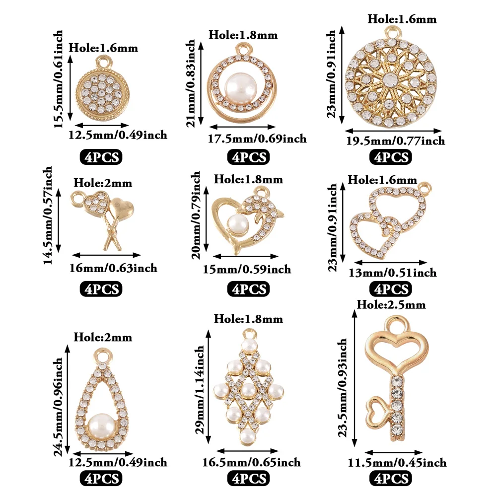 Liontin Aloi 36Ps dengan berlian imitasi kristal dan mutiara imitasi plastik ABS untuk membuat perhiasan DIY kalung liontin anting-anting kerajinan