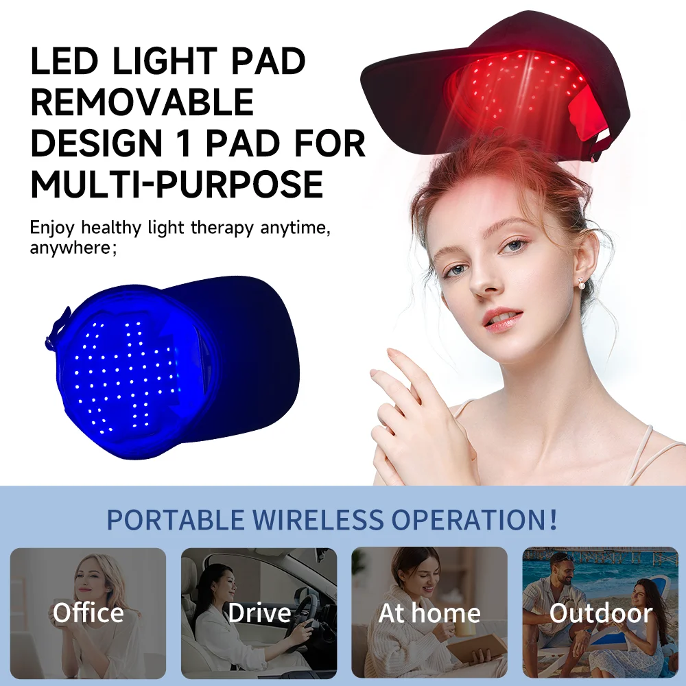 

660nm&850nm Red Light Therapy Hair Growth Cap 4 LED Light Removable Pad Scalp Relax Anti Hair Loss Wireless Infrared Flat Cap