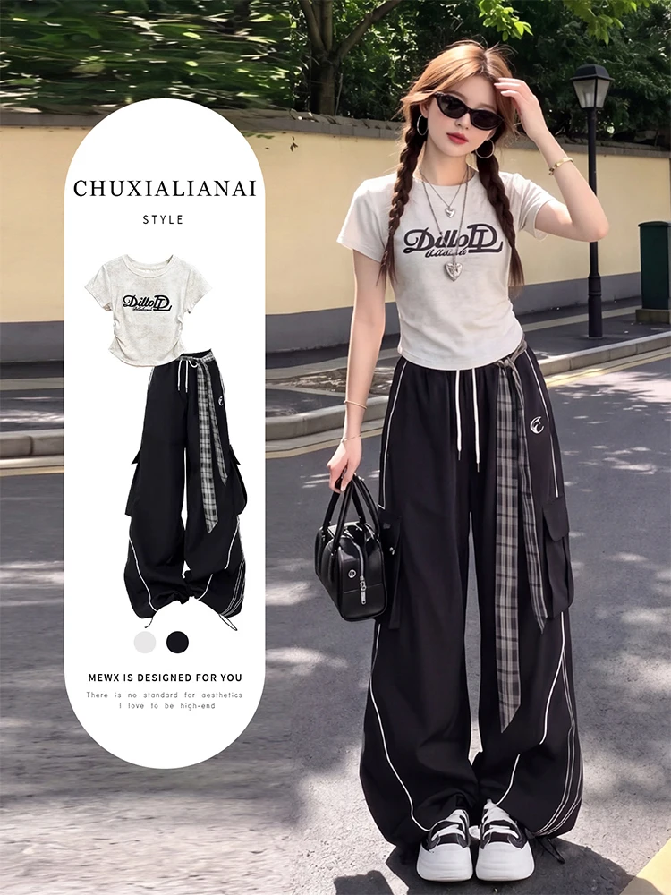 Casual Jazz Dance Women's Summer Outfit American Style Set Breathable Cotton Short Sleeve round Neck T-Shirt And Pants Ensemble