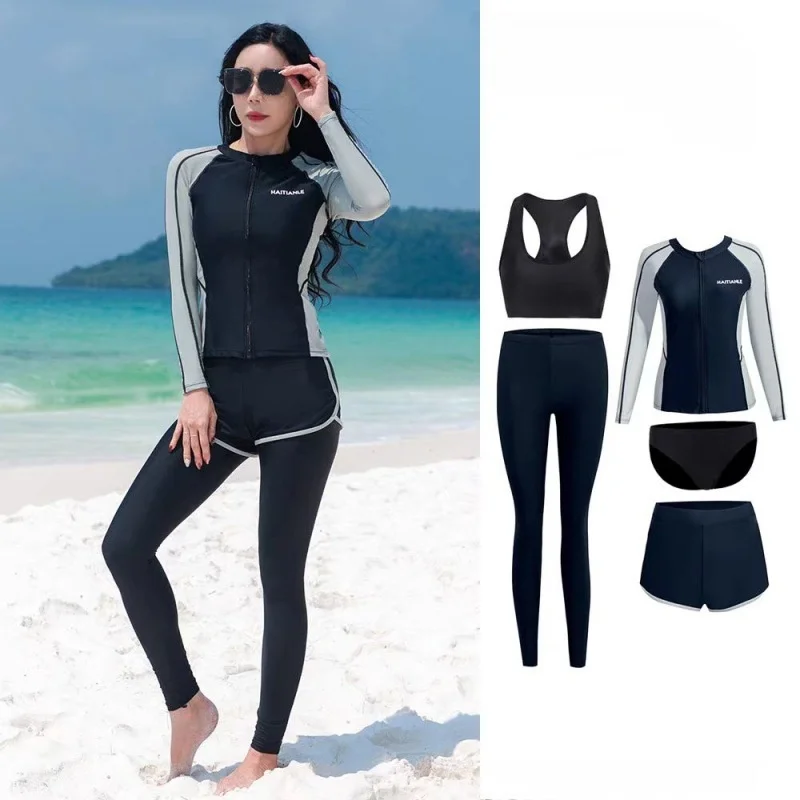 

Women's 5-Piece Long Sleeve Surfing Swimsuit Set with Zipper Couples Bathing Suits Rash Guard And Long Pants for Water Sports