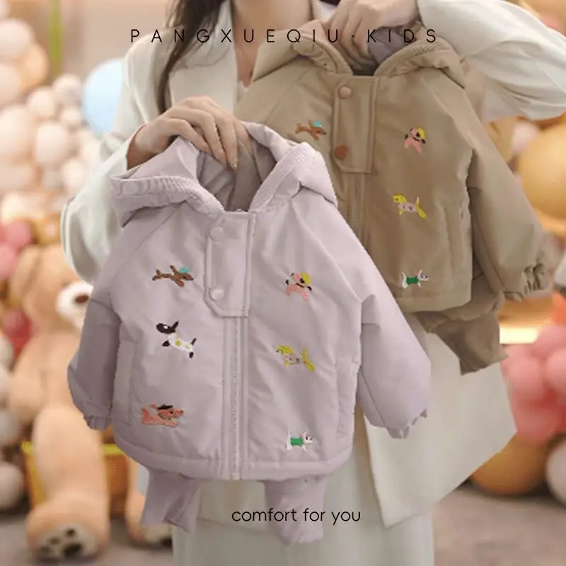 Bellbell Winter Infant Babys 2Pcs Set 1-6Yrs Toddler Cartoon Print Fleece Outerwear Coat Suits Loose Thick Warm Kids Girls Pants