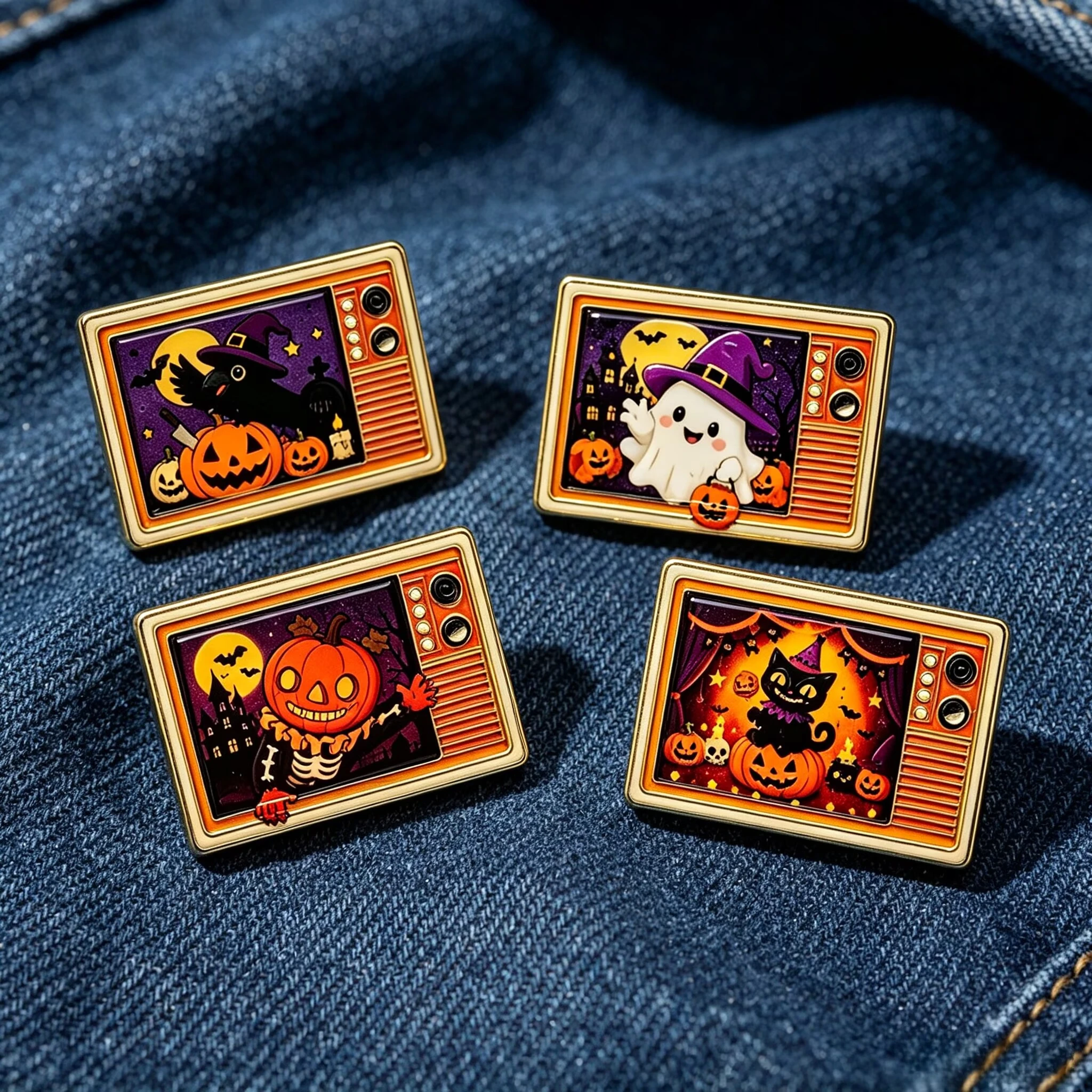 Crow Pumpkin Ghost Witchcraft Black Cat TV Metal Badge Cartoon Halloween TV Enamel Brooches Lapel Pins Jewelry Gift For Friend
